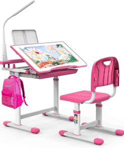 BELANITAS Kids Desk and Chair Set Multi Functional Kids School Desk for Kids 5-8 Years Kids Study Desk with 40 Degree Tiltable Desktop, Girl’s Desk with Light, Birthday Gift,Pink - 1