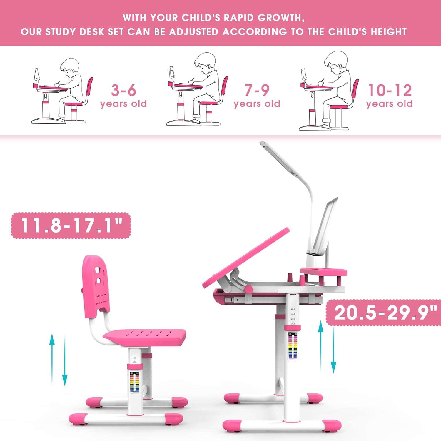 BELANITAS Kids Desk and Chair Set Multi Functional Kids School Desk for Kids 5-8 Years Kids Study Desk with 40 Degree Tiltable Desktop, Girl’s Desk with Light, Birthday Gift,Pink - 4