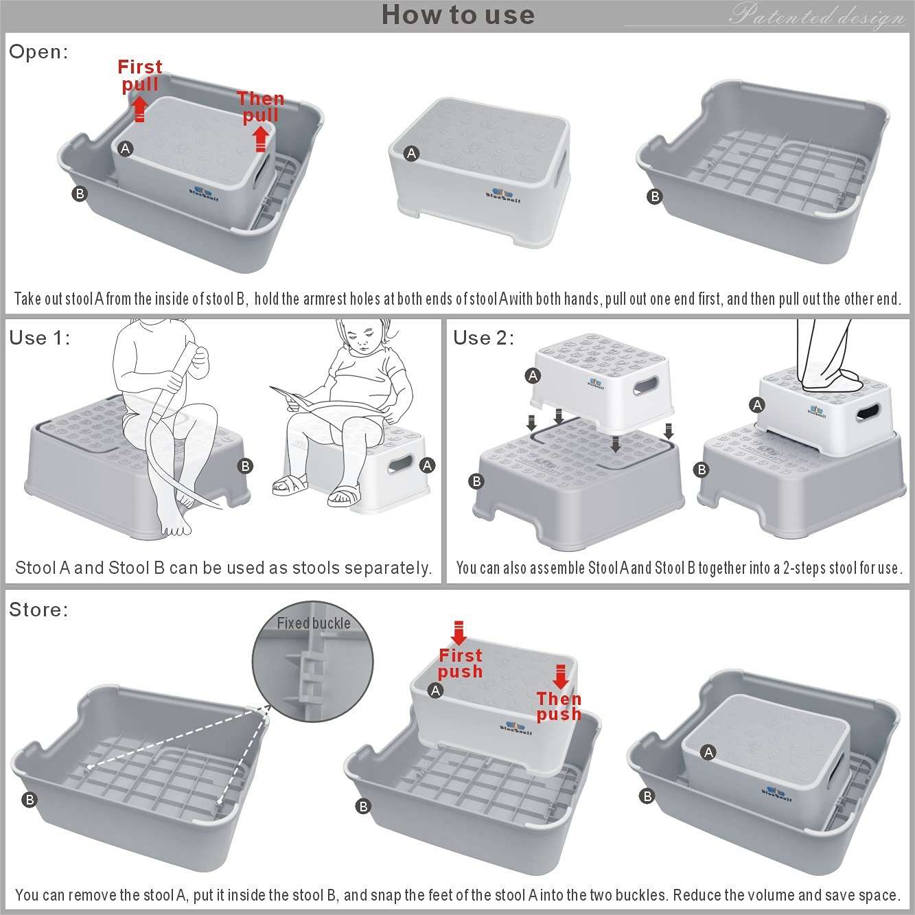 BlueSnail Double up Step Stool for Kids, Anti-Slip Sturdy Toddler Two Step Stool for Bathroom,Kitchen and Toilet Potty Training(Gray) - 5