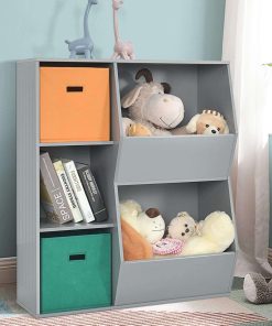 Costzon 5 Cubbies Kids Toy Storage Organizer with Bookcase, Children Bookshelf and Toy Storage Bins for Toddlers, Wooden Storage Cabinet for Play Room Living Room Nursery Daycare (Gray) - 2