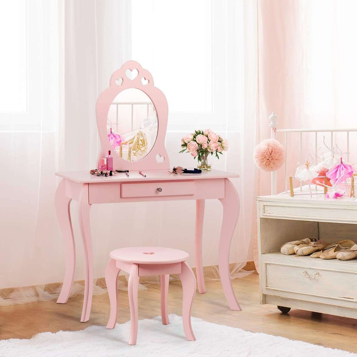 Costzon Kids Vanity Set with Mirror, 2 in 1 Wooden Princess Makeup Vanity Dressing Table with Detachable Top, Toddler Vanity Set with Drawer & Stool, Pretend Play Vanity Set for Little Girls, Pink - 1