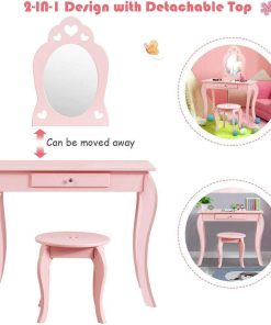 Costzon Kids Vanity Set with Mirror, 2 in 1 Wooden Princess Makeup Vanity Dressing Table with Detachable Top, Toddler Vanity Set with Drawer & Stool, Pretend Play Vanity Set for Little Girls, Pink - 2