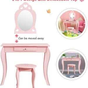 Costzon Kids Vanity Set with Mirror, 2 in 1 Wooden Princess Makeup Vanity Dressing Table with Detachable Top, Toddler Vanity Set with Drawer & Stool, Pretend Play Vanity Set for Little Girls, Pink - 2