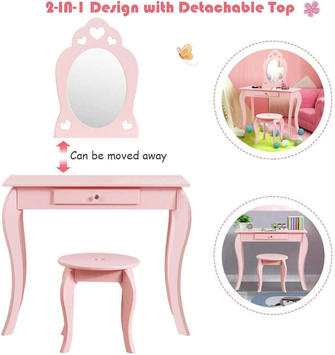 Costzon Kids Vanity Set with Mirror, 2 in 1 Wooden Princess Makeup Vanity Dressing Table with Detachable Top, Toddler Vanity Set with Drawer & Stool, Pretend Play Vanity Set for Little Girls, Pink - 2