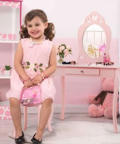 Costzon Kids Vanity Set with Mirror, 2 in 1 Wooden Princess Makeup Vanity Dressing Table with Detachable Top, Toddler Vanity Set with Drawer & Stool, Pretend Play Vanity Set for Little Girls, Pink - 3