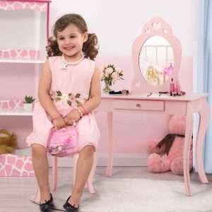 Costzon Kids Vanity Set with Mirror, 2 in 1 Wooden Princess Makeup Vanity Dressing Table with Detachable Top, Toddler Vanity Set with Drawer & Stool, Pretend Play Vanity Set for Little Girls, Pink - 3