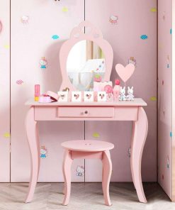 Costzon Kids Vanity Set with Mirror, 2 in 1 Wooden Princess Makeup Vanity Dressing Table with Detachable Top, Toddler Vanity Set with Drawer & Stool, Pretend Play Vanity Set for Little Girls, Pink - 4