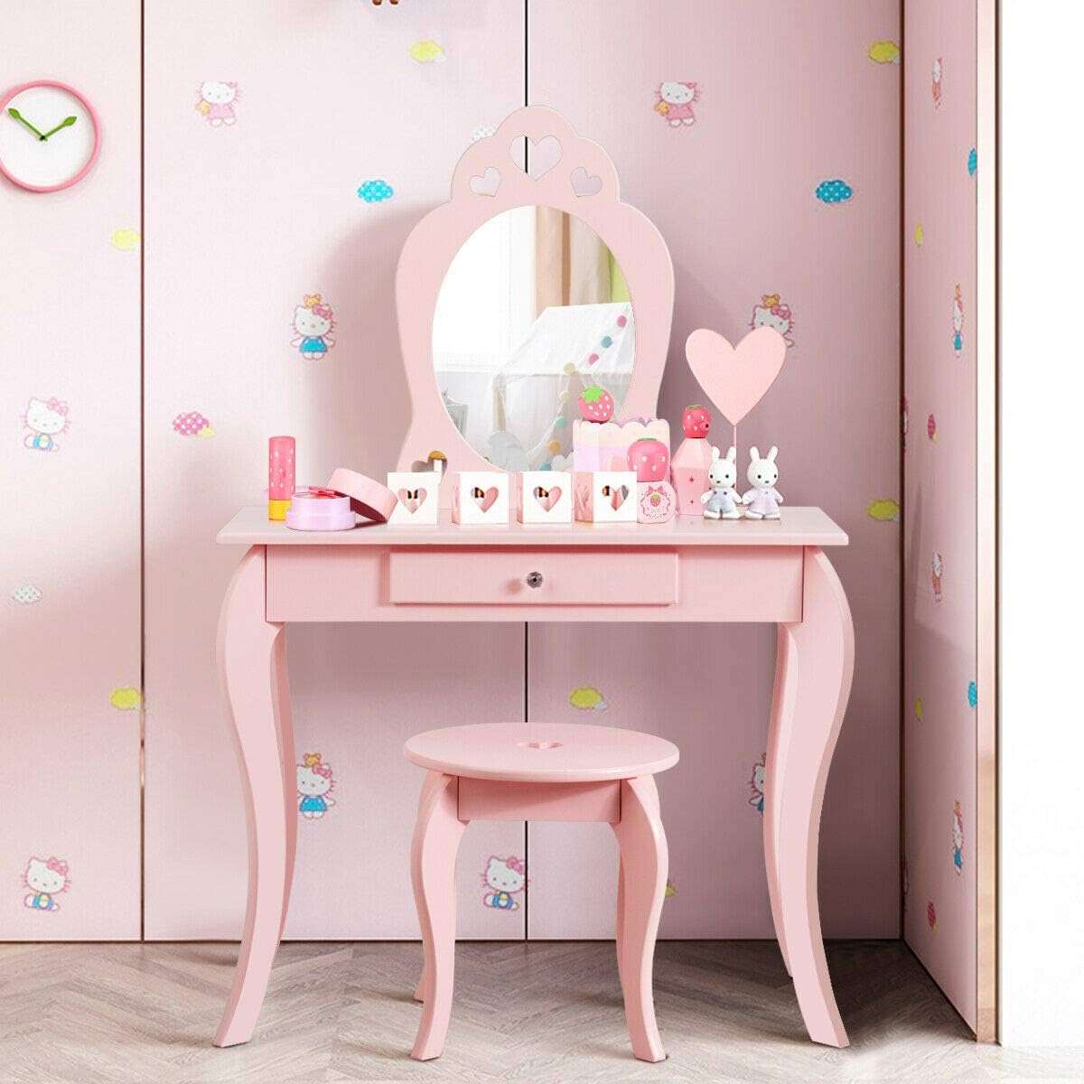 Costzon Kids Vanity Set with Mirror, 2 in 1 Wooden Princess Makeup Vanity Dressing Table with Detachable Top, Toddler Vanity Set with Drawer & Stool, Pretend Play Vanity Set for Little Girls, Pink - 4