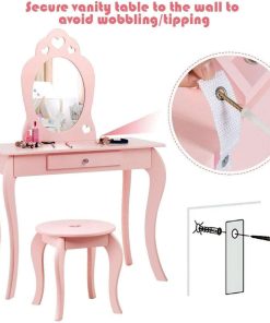 Costzon Kids Vanity Set with Mirror, 2 in 1 Wooden Princess Makeup Vanity Dressing Table with Detachable Top, Toddler Vanity Set with Drawer & Stool, Pretend Play Vanity Set for Little Girls, Pink - 5
