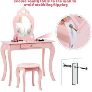 Costzon Kids Vanity Set with Mirror, 2 in 1 Wooden Princess Makeup Vanity Dressing Table with Detachable Top, Toddler Vanity Set with Drawer & Stool, Pretend Play Vanity Set for Little Girls, Pink - 5