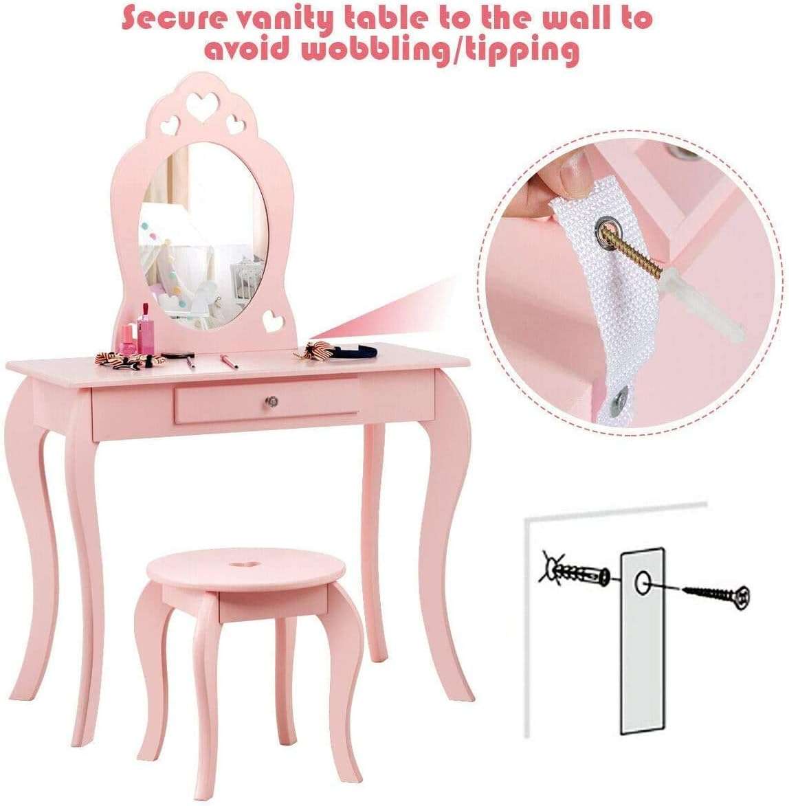 Costzon Kids Vanity Set with Mirror, 2 in 1 Wooden Princess Makeup Vanity Dressing Table with Detachable Top, Toddler Vanity Set with Drawer & Stool, Pretend Play Vanity Set for Little Girls, Pink - 5