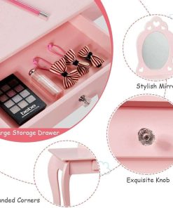 Costzon Kids Vanity Set with Mirror, 2 in 1 Wooden Princess Makeup Vanity Dressing Table with Detachable Top, Toddler Vanity Set with Drawer & Stool, Pretend Play Vanity Set for Little Girls, Pink - 6