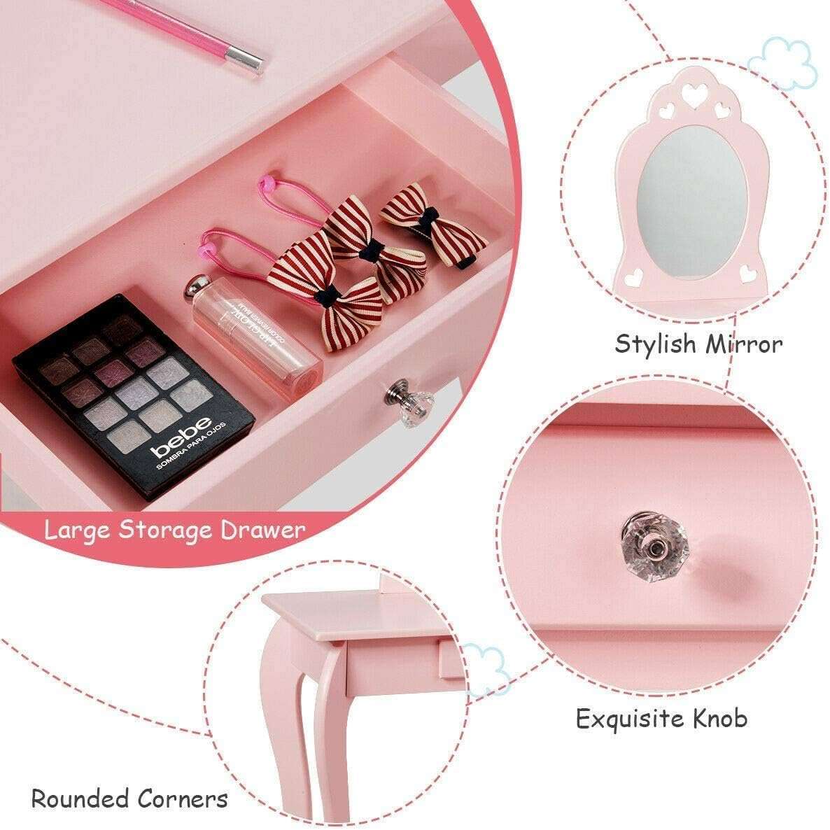 Costzon Kids Vanity Set with Mirror, 2 in 1 Wooden Princess Makeup Vanity Dressing Table with Detachable Top, Toddler Vanity Set with Drawer & Stool, Pretend Play Vanity Set for Little Girls, Pink - 6