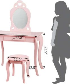 Costzon Kids Vanity Set with Mirror, 2 in 1 Wooden Princess Makeup Vanity Dressing Table with Detachable Top, Toddler Vanity Set with Drawer & Stool, Pretend Play Vanity Set for Little Girls, Pink - 7