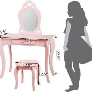 Costzon Kids Vanity Set with Mirror, 2 in 1 Wooden Princess Makeup Vanity Dressing Table with Detachable Top, Toddler Vanity Set with Drawer & Stool, Pretend Play Vanity Set for Little Girls, Pink - 7