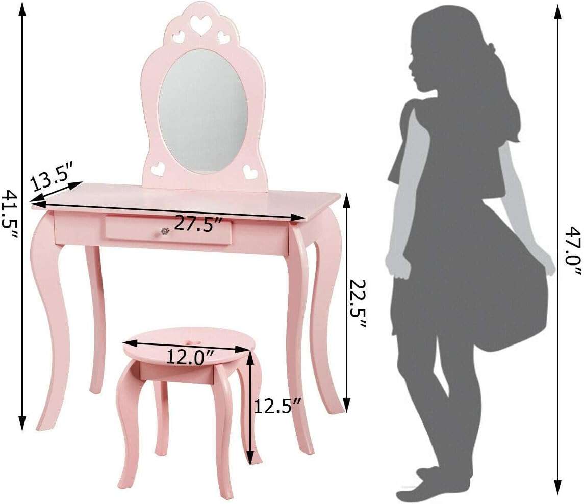 Costzon Kids Vanity Set with Mirror, 2 in 1 Wooden Princess Makeup Vanity Dressing Table with Detachable Top, Toddler Vanity Set with Drawer & Stool, Pretend Play Vanity Set for Little Girls, Pink - 7