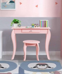Costzon Kids Vanity Set with Mirror, 2 in 1 Wooden Princess Makeup Vanity Dressing Table with Detachable Top, Toddler Vanity Set with Drawer & Stool, Pretend Play Vanity Set for Little Girls, Pink - 8