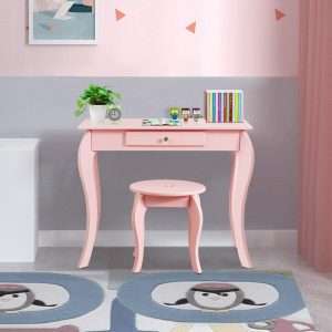 Costzon Kids Vanity Set with Mirror, 2 in 1 Wooden Princess Makeup Vanity Dressing Table with Detachable Top, Toddler Vanity Set with Drawer & Stool, Pretend Play Vanity Set for Little Girls, Pink - 8