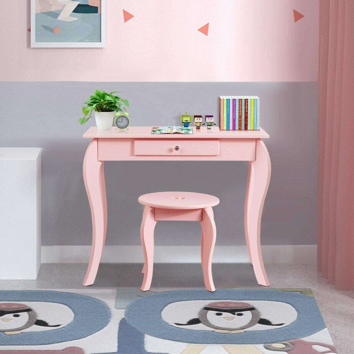 Costzon Kids Vanity Set with Mirror, 2 in 1 Wooden Princess Makeup Vanity Dressing Table with Detachable Top, Toddler Vanity Set with Drawer & Stool, Pretend Play Vanity Set for Little Girls, Pink - 8