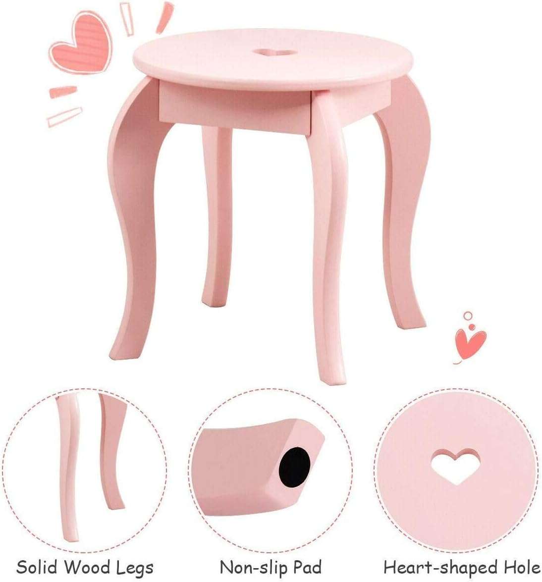 Costzon Kids Vanity Set with Mirror, 2 in 1 Wooden Princess Makeup Vanity Dressing Table with Detachable Top, Toddler Vanity Set with Drawer & Stool, Pretend Play Vanity Set for Little Girls, Pink - 9