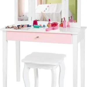 Costzon Kids Vanity Table, Princess Makeup Dressing Table with Drawer & Tri-Folding Mirror, 2-in-1 Vanity Set with Detachable Top, Pretend Beauty Play Vanity Set for Girls (White) - 1