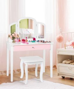 Costzon Kids Vanity Table, Princess Makeup Dressing Table with Drawer & Tri-Folding Mirror, 2-in-1 Vanity Set with Detachable Top, Pretend Beauty Play Vanity Set for Girls (White) - 2