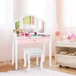Costzon Kids Vanity Table, Princess Makeup Dressing Table with Drawer & Tri-Folding Mirror, 2-in-1 Vanity Set with Detachable Top, Pretend Beauty Play Vanity Set for Girls (White) - 2