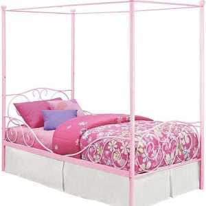 DHP Metal Canopy Kids Platform Bed with Four Poster Design, Underbed Storage Space, No Box Sring Needed, Twin, Pink - 1