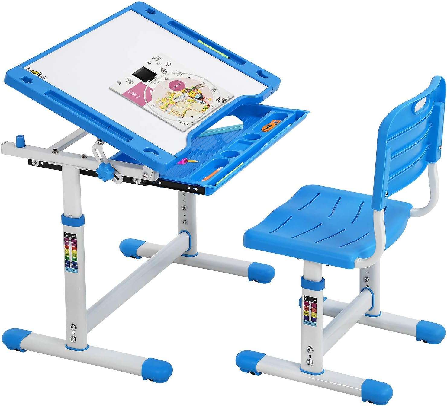 FDW Kids Desk and Chair Set, Height Adjustable Multifunctional Student Study Desk Kids Art Table Children's Chair Set with Storage Drawer 45°Tilted Desktop for Boys&Girls,Blue - 1