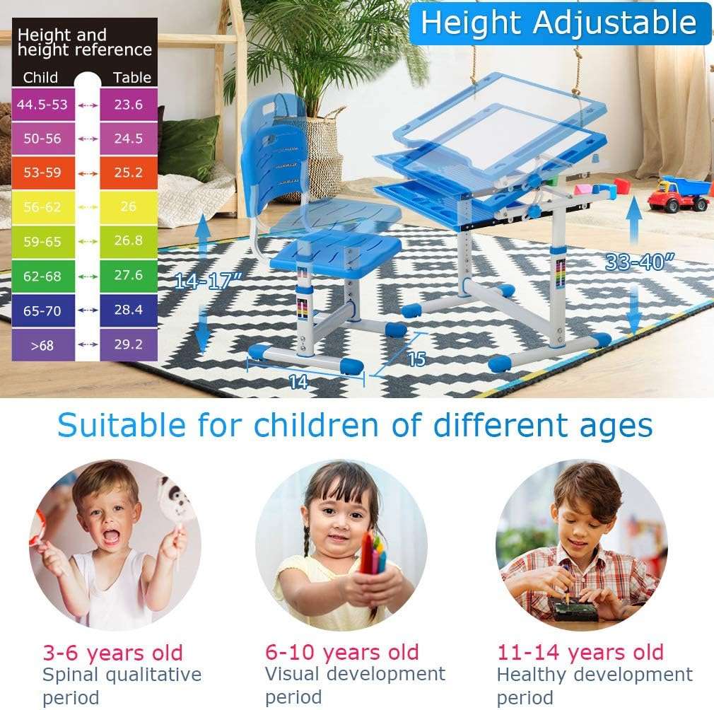 FDW Kids Desk and Chair Set, Height Adjustable Multifunctional Student Study Desk Kids Art Table Children's Chair Set with Storage Drawer 45°Tilted Desktop for Boys&Girls,Blue - 6