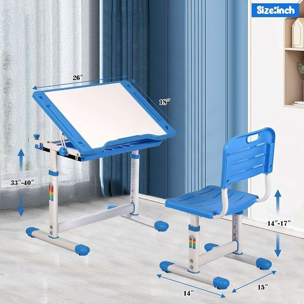 FDW Kids Desk and Chair Set, Height Adjustable Multifunctional Student Study Desk Kids Art Table Children's Chair Set with Storage Drawer 45°Tilted Desktop for Boys&Girls,Blue - 7