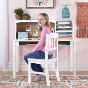 Guidecraft Children’s Media Desk and Chair Set – White - Kids Study Computer Desk with Hutch and Storage, Wooden Kids Bedroom Furniture, Adjustable Shelves Writing Table with Corkboard - 1