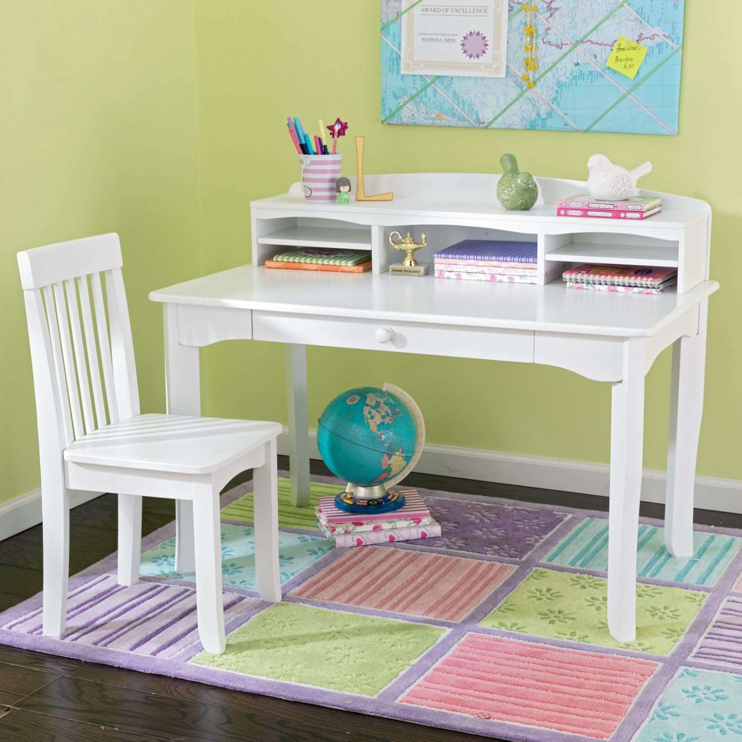 KidKraft Avalon Wooden Children's Desk with Hutch, Chair and Storage, White, Gift for Ages 5-10 - 2