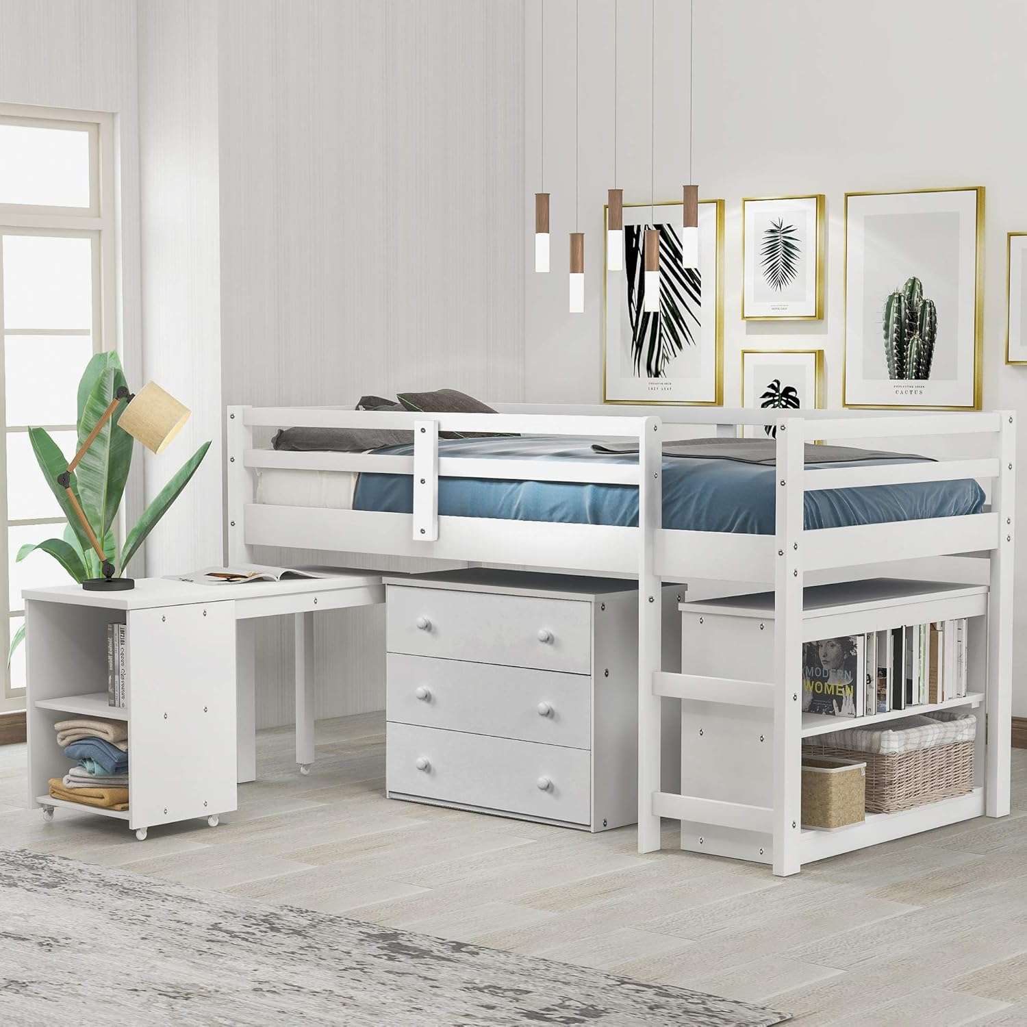 Kids Loft Bed with Rolling Portable Desk,Storage Shelf,Guard Rail,Cabinet of Drawers for Bedroom and Dormitory Twin (White) - 1