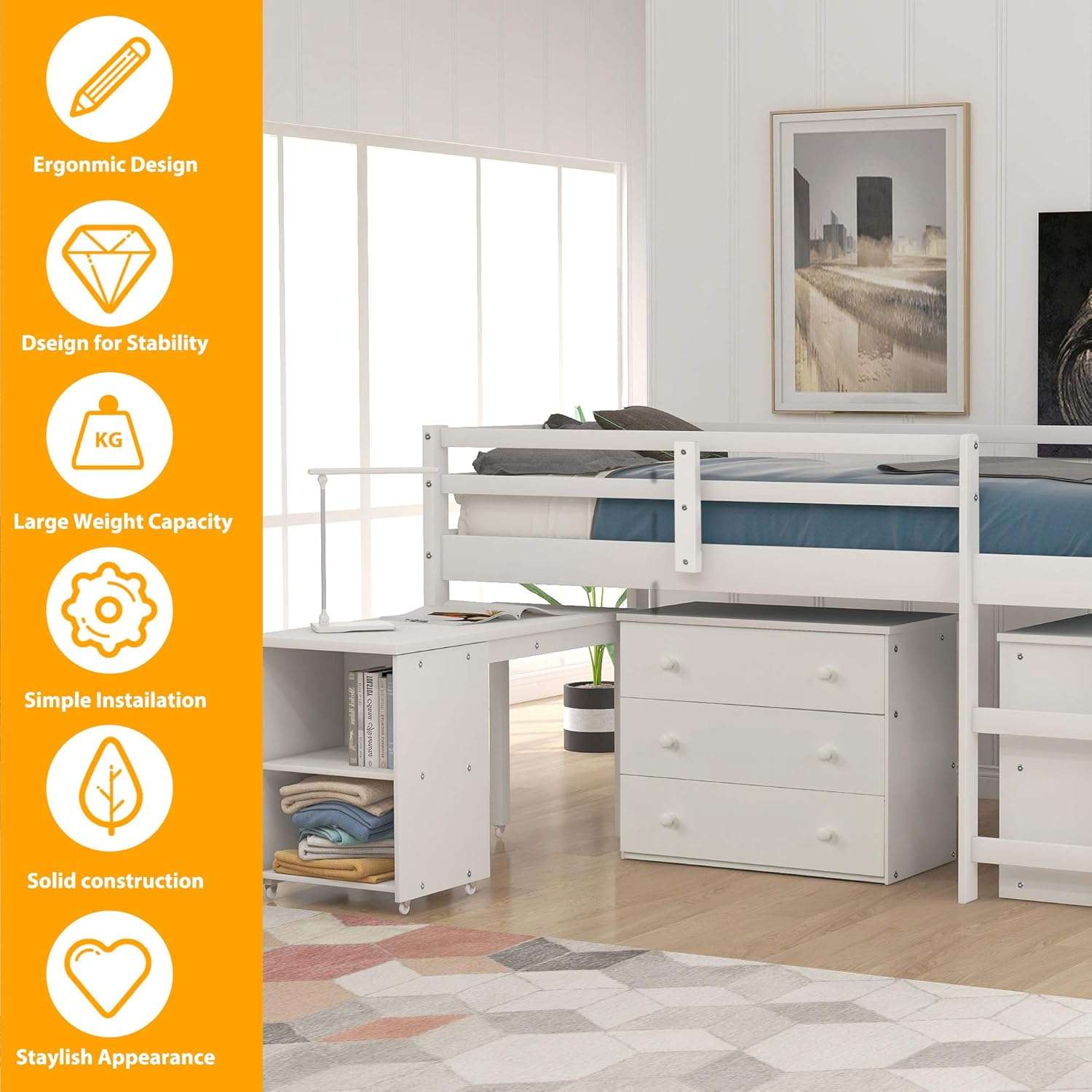Kids Loft Bed with Rolling Portable Desk,Storage Shelf,Guard Rail,Cabinet of Drawers for Bedroom and Dormitory Twin (White) - 3