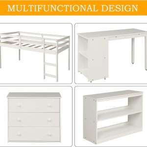 Kids Loft Bed with Rolling Portable Desk,Storage Shelf,Guard Rail,Cabinet of Drawers for Bedroom and Dormitory Twin (White) - 4