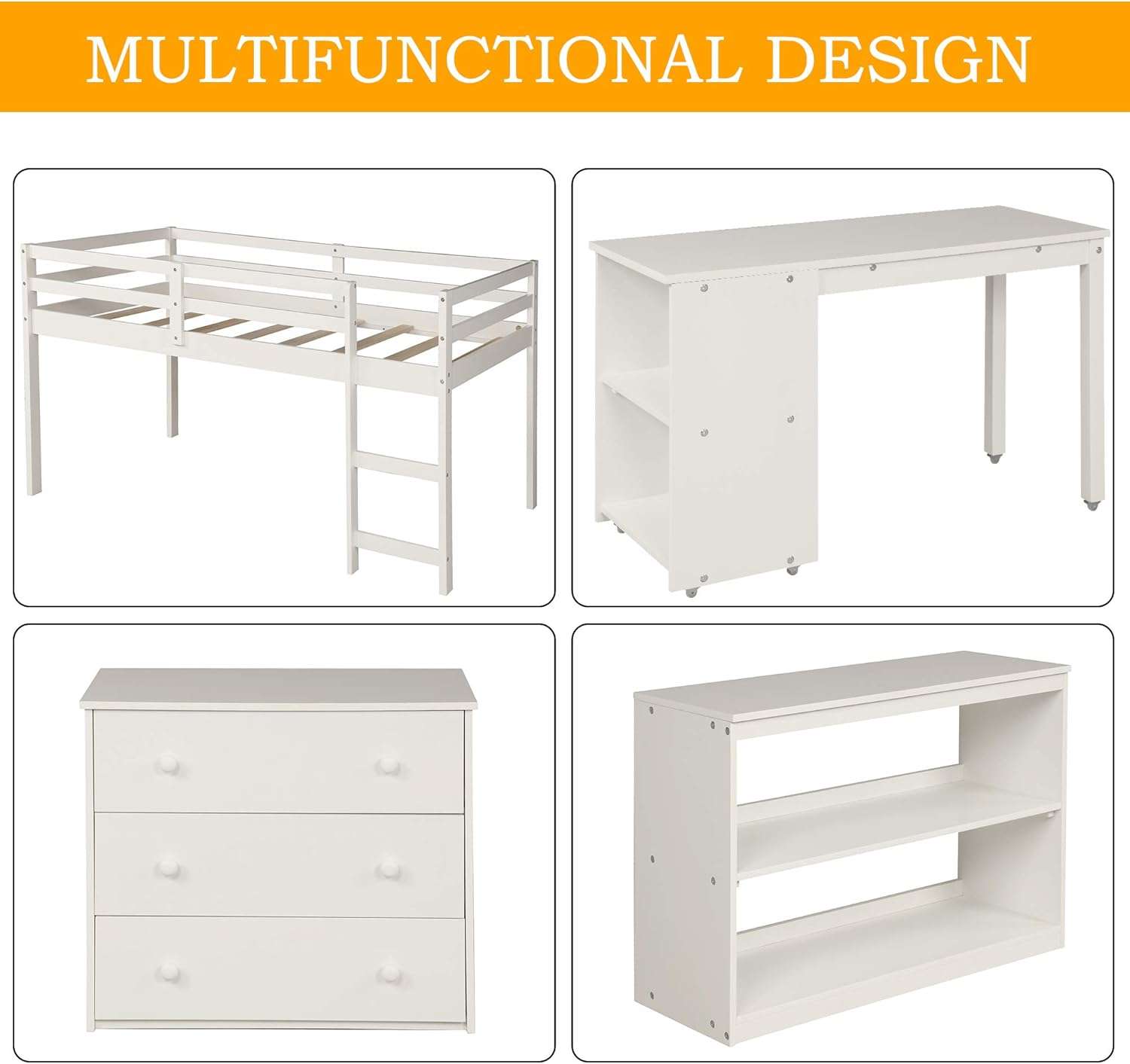 Kids Loft Bed with Rolling Portable Desk,Storage Shelf,Guard Rail,Cabinet of Drawers for Bedroom and Dormitory Twin (White) - 4
