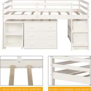 Kids Loft Bed with Rolling Portable Desk,Storage Shelf,Guard Rail,Cabinet of Drawers for Bedroom and Dormitory Twin (White) - 5