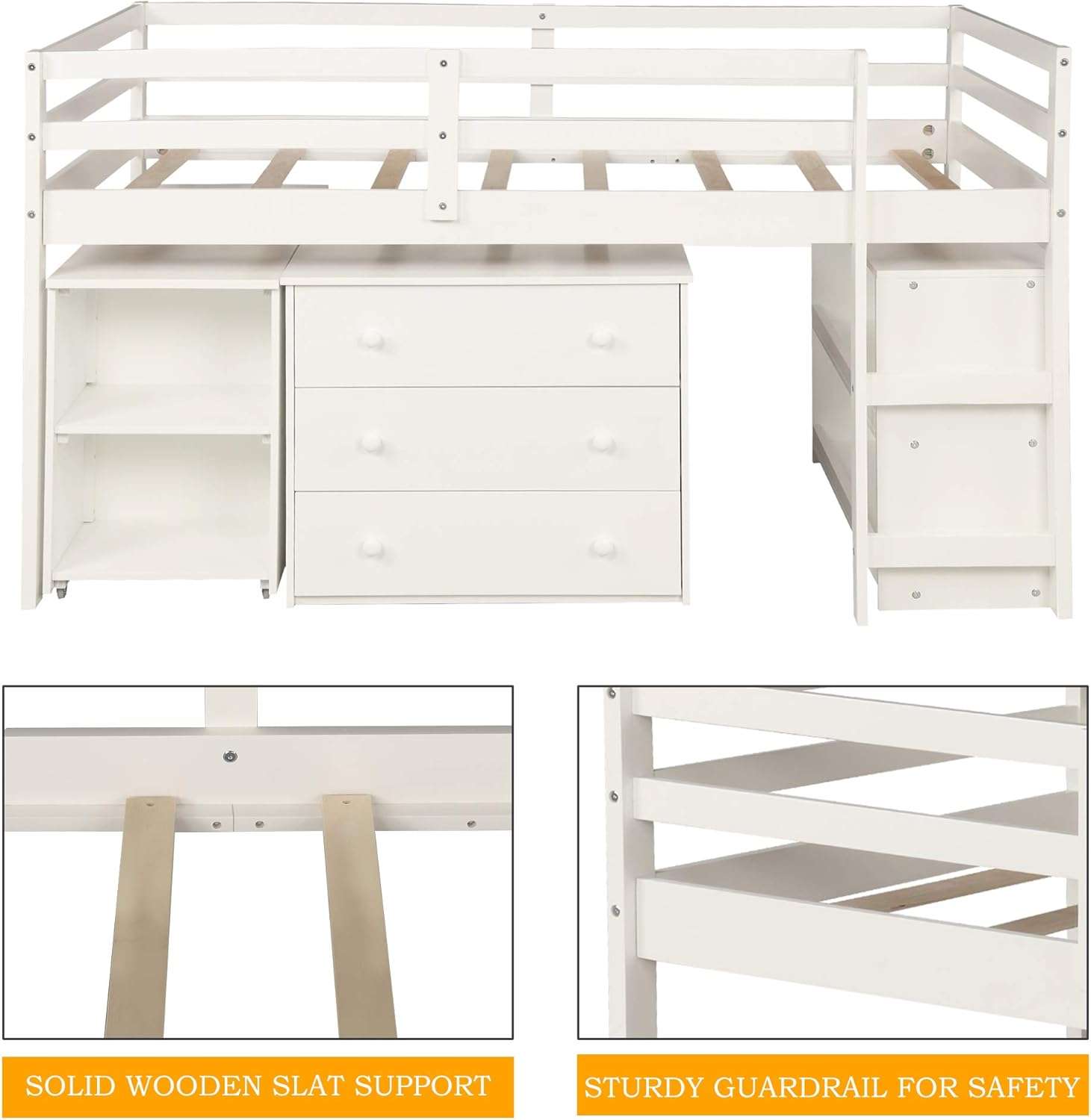 Kids Loft Bed with Rolling Portable Desk,Storage Shelf,Guard Rail,Cabinet of Drawers for Bedroom and Dormitory Twin (White) - 5