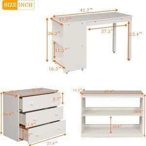 Kids Loft Bed with Rolling Portable Desk,Storage Shelf,Guard Rail,Cabinet of Drawers for Bedroom and Dormitory Twin (White) - 6