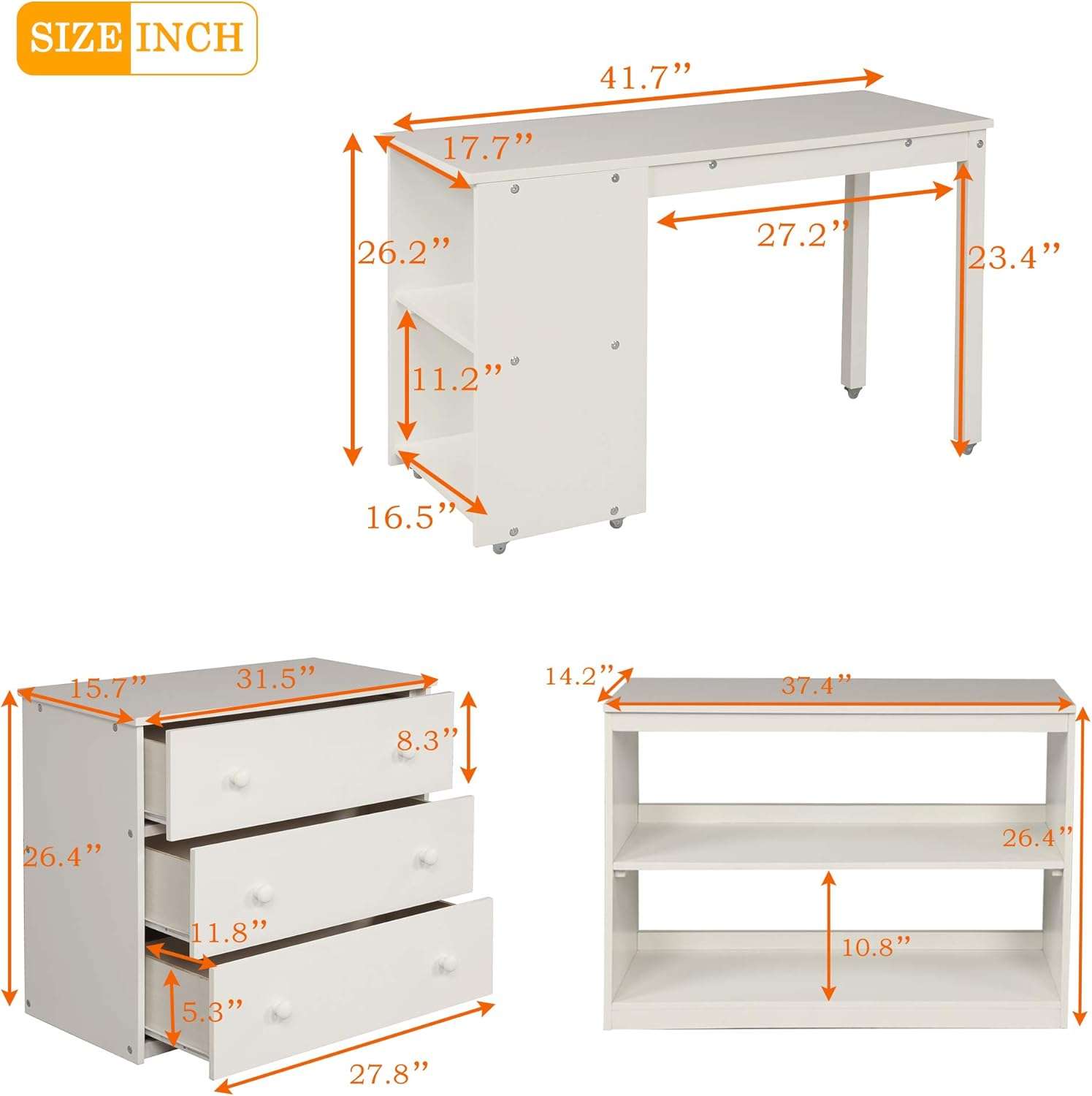 Kids Loft Bed with Rolling Portable Desk,Storage Shelf,Guard Rail,Cabinet of Drawers for Bedroom and Dormitory Twin (White) - 6