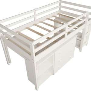 Kids Loft Bed with Rolling Portable Desk,Storage Shelf,Guard Rail,Cabinet of Drawers for Bedroom and Dormitory Twin (White) - 7