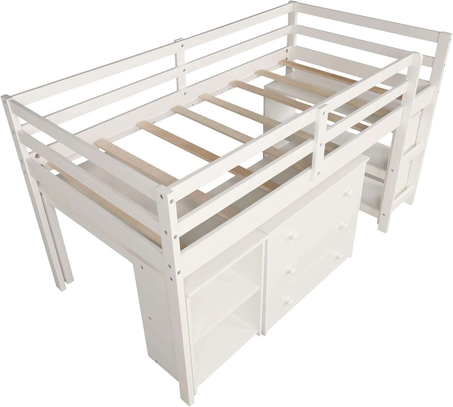 Kids Loft Bed with Rolling Portable Desk,Storage Shelf,Guard Rail,Cabinet of Drawers for Bedroom and Dormitory Twin (White) - 7