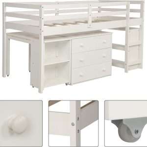 Kids Loft Bed with Rolling Portable Desk,Storage Shelf,Guard Rail,Cabinet of Drawers for Bedroom and Dormitory Twin (White) - 8
