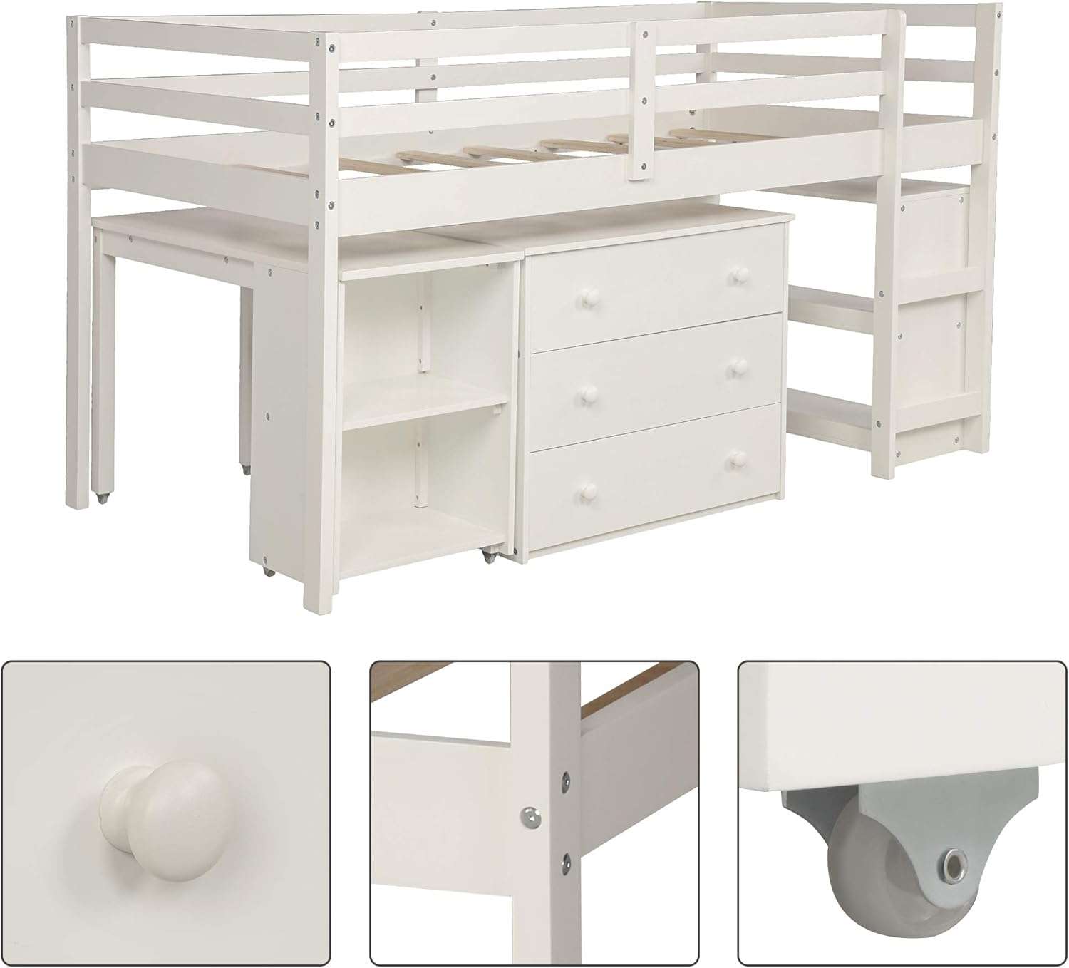 Kids Loft Bed with Rolling Portable Desk,Storage Shelf,Guard Rail,Cabinet of Drawers for Bedroom and Dormitory Twin (White) - 8