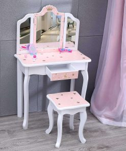 Kids Vanity Table and Chair Set, Girls Vanity Set with Stool, Tri-Folding Mirror, Makeup Dressing Princess Table with Drawer for Little Girls - 1