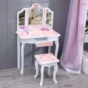 Kids Vanity Table and Chair Set, Girls Vanity Set with Stool, Tri-Folding Mirror, Makeup Dressing Princess Table with Drawer for Little Girls - 1
