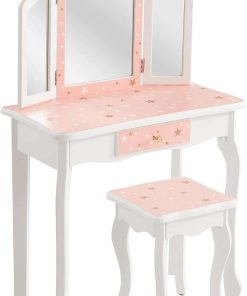 Kids Vanity Table and Chair Set, Girls Vanity Set with Stool, Tri-Folding Mirror, Makeup Dressing Princess Table with Drawer for Little Girls - 2