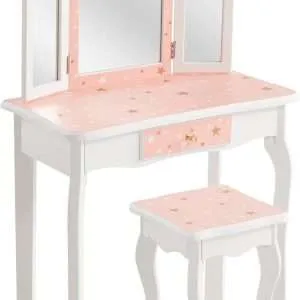 Kids Vanity Table and Chair Set, Girls Vanity Set with Stool, Tri-Folding Mirror, Makeup Dressing Princess Table with Drawer for Little Girls - 2