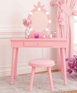 Kids Vanity with Lighted Mirror, Toddler Vanity Makeup Table Set, Brightness Adjustable, for Kids 2-8, Pink - 1